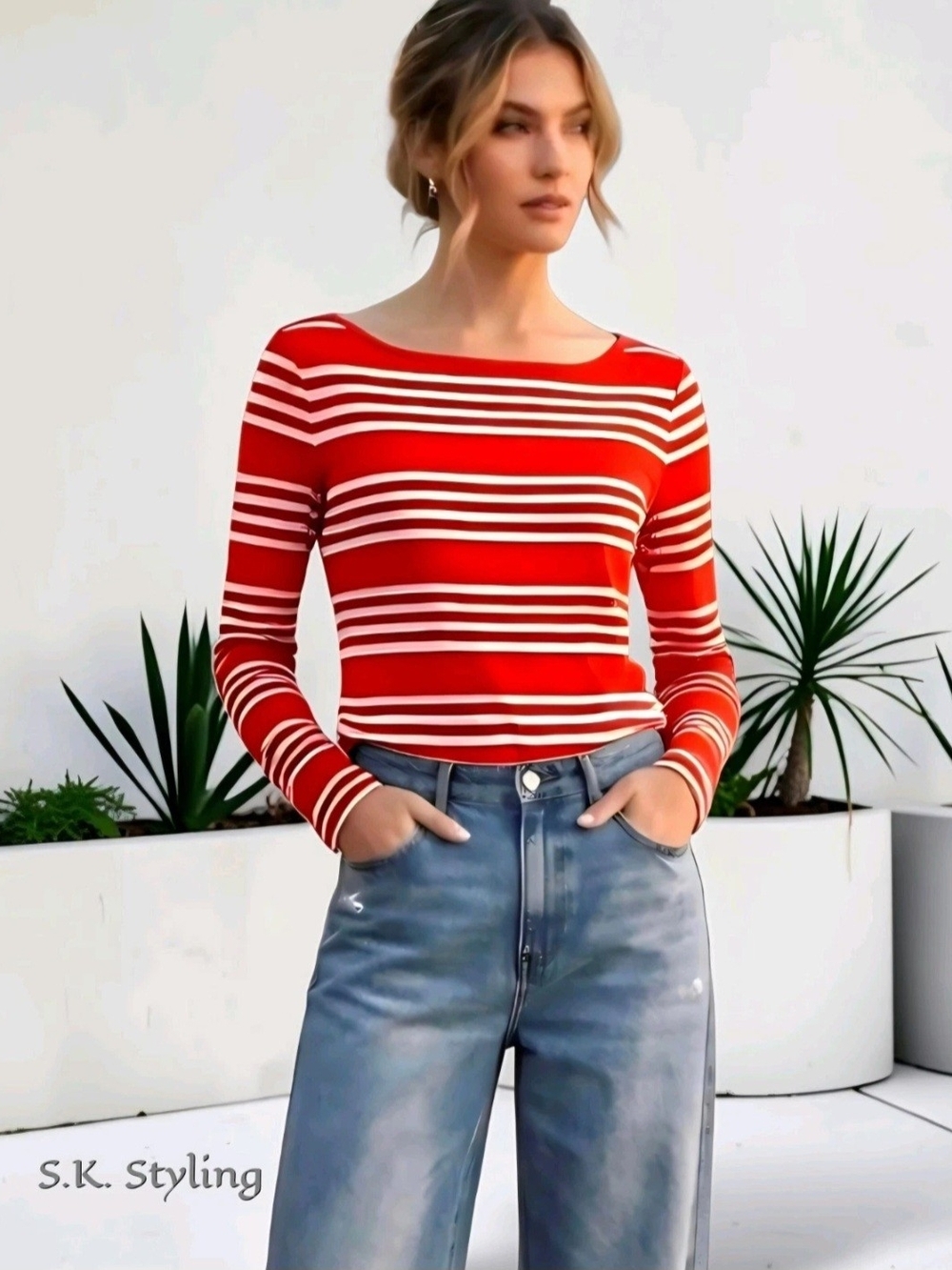 Old Navy Red & White Striped Boat Neck Soft Knit Top Long Sleeve Womens M/Large